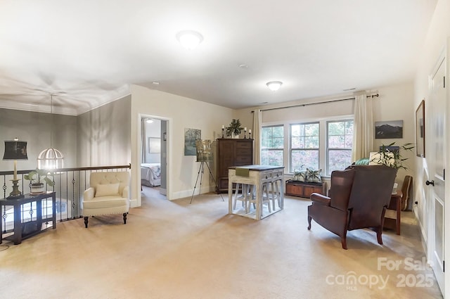 sitting room with light colored carpet