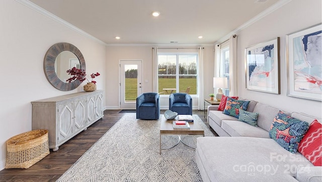 living room featuring dark hardwood / wood-style flooring and ornamental molding