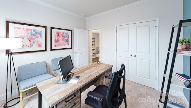 office space featuring light carpet and crown molding