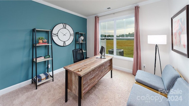 office featuring ornamental molding and light carpet