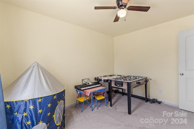 game room featuring ceiling fan and carpet floors
