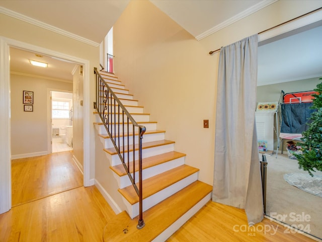 stairway featuring wood-type flooring and crown molding