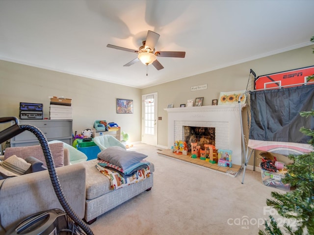 living room featuring crown molding, ceiling fan, and light carpet