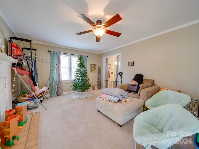 tiled living room with ceiling fan and ornamental molding