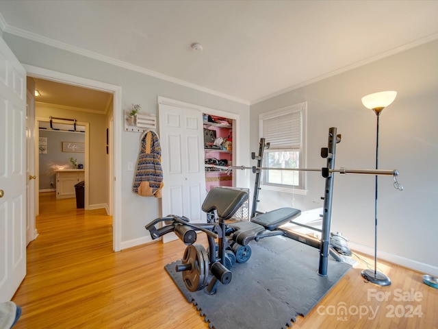 workout room with hardwood / wood-style flooring and crown molding