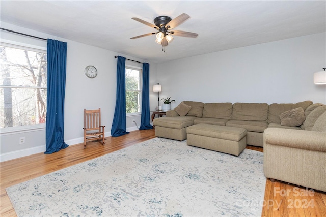 living room with ceiling fan and wood-type flooring