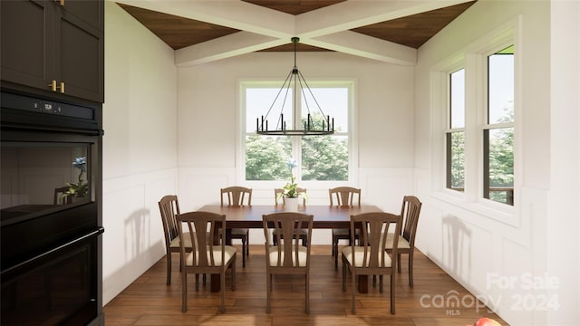 dining space with wood ceiling, dark wood-type flooring, a healthy amount of sunlight, and a notable chandelier