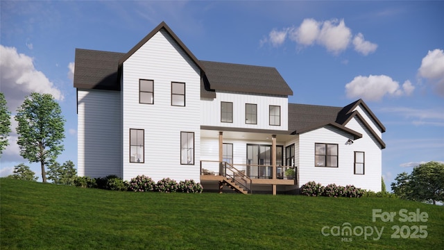 view of front of house with a front lawn, covered porch, and board and batten siding