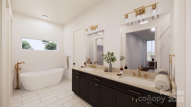 full bathroom with double vanity, a freestanding tub, and a sink