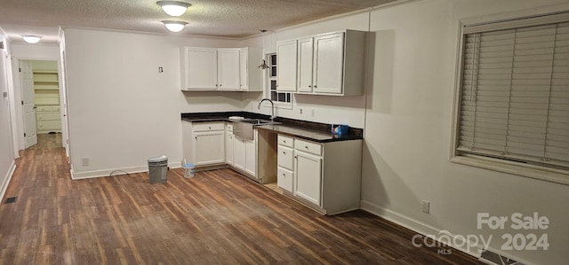 kitchen with a textured ceiling, white cabinets, sink, and dark wood-type flooring