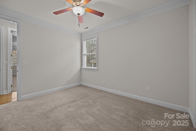 unfurnished room with ceiling fan, carpet, and ornamental molding