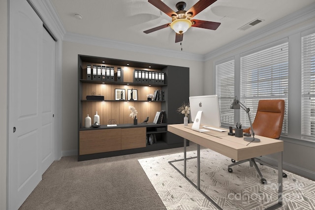 carpeted office featuring crown molding and ceiling fan