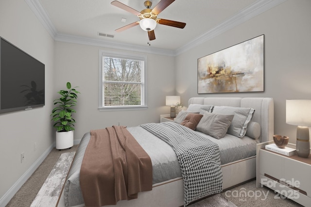 carpeted bedroom featuring ceiling fan and crown molding