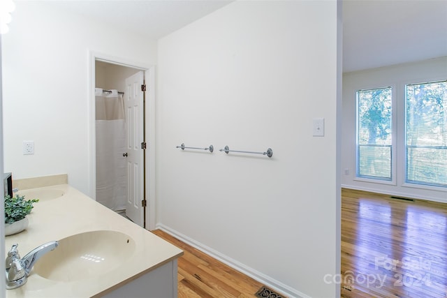 bathroom with hardwood / wood-style flooring and vanity