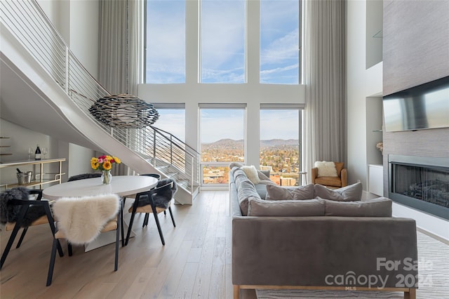 living room featuring a towering ceiling and light hardwood / wood-style floors