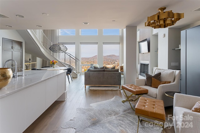 living room with sink and light hardwood / wood-style flooring