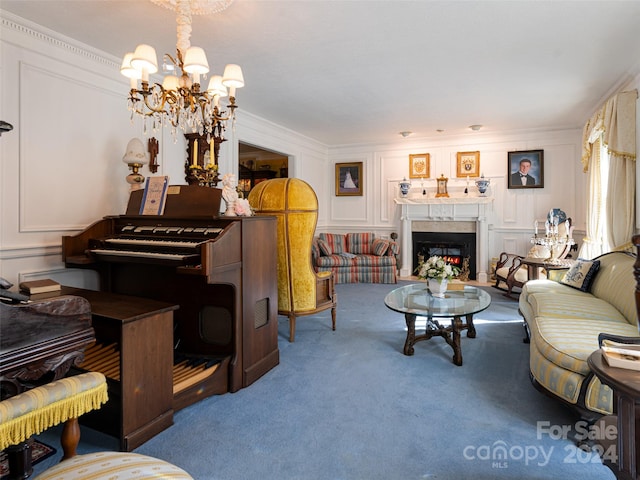 living room with carpet, a notable chandelier, crown molding, and a fireplace