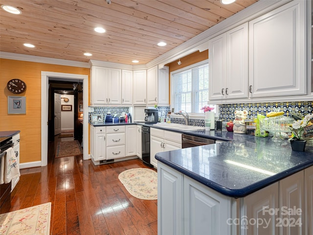 kitchen with sink, dark wood-type flooring, kitchen peninsula, white cabinets, and ornamental molding