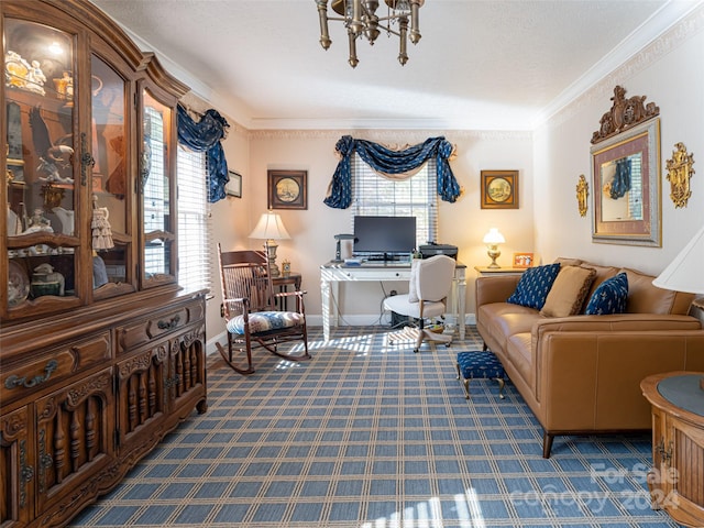 carpeted office space featuring an inviting chandelier and ornamental molding