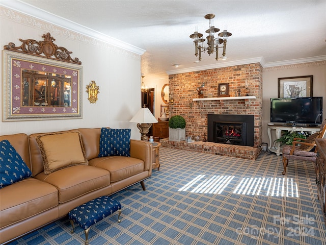 living room with crown molding, a fireplace, a textured ceiling, and an inviting chandelier