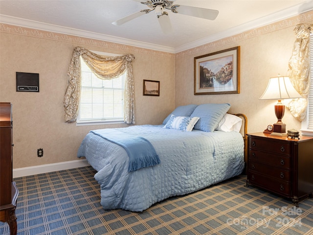 bedroom featuring ceiling fan and crown molding