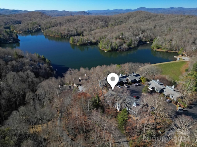 bird's eye view with a water and mountain view