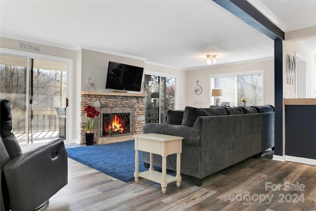 living room with a fireplace, hardwood / wood-style flooring, and crown molding