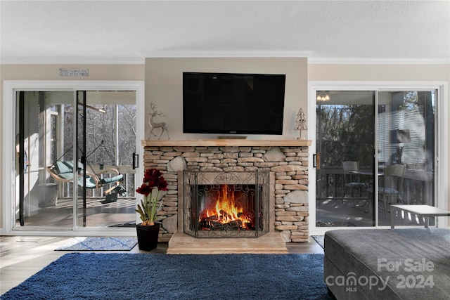 living room with a textured ceiling, a stone fireplace, and ornamental molding