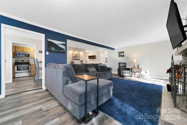 living room featuring wood-type flooring and ornamental molding