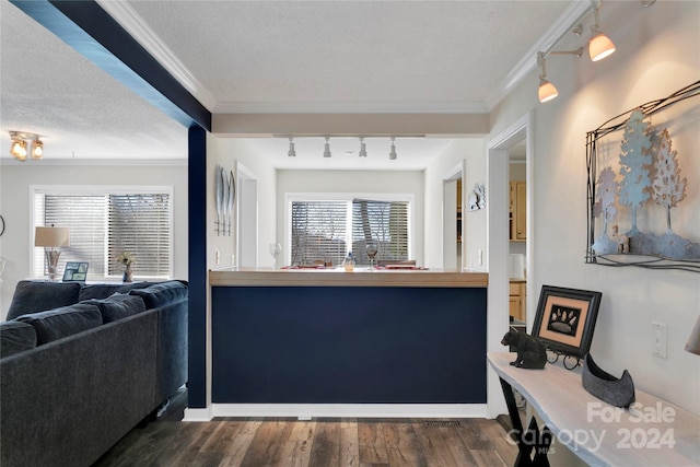 interior space with a textured ceiling, dark wood-type flooring, and ornamental molding