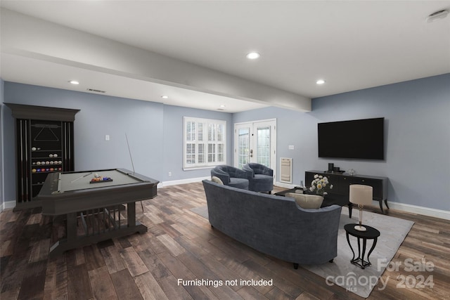 living room with dark wood-type flooring and billiards