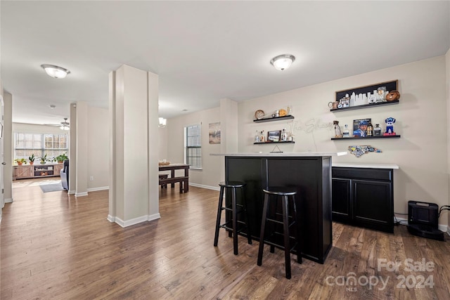 bar featuring hardwood / wood-style flooring and ceiling fan