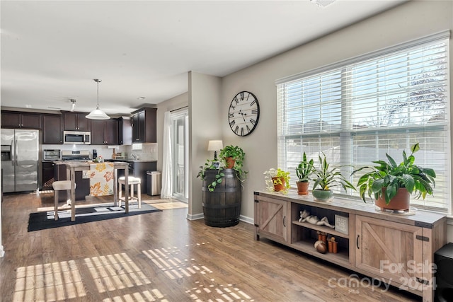 kitchen featuring appliances with stainless steel finishes, light wood-type flooring, a breakfast bar, dark brown cabinets, and hanging light fixtures