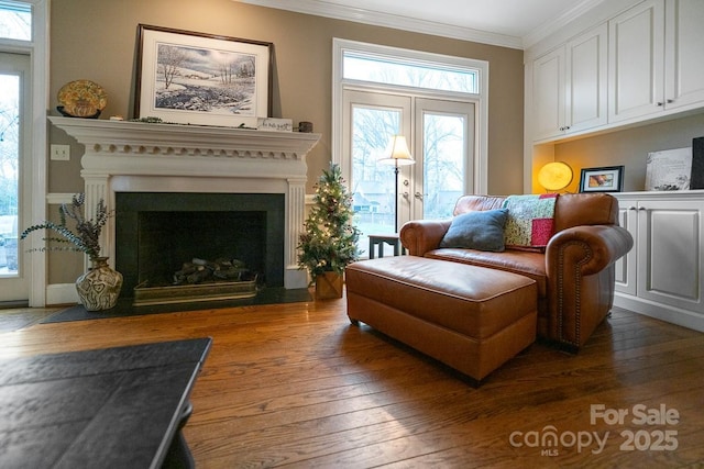 sitting room featuring dark wood-type flooring, french doors, crown molding, and a fireplace with flush hearth