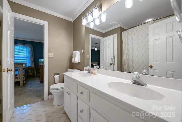 ensuite bathroom featuring ornamental molding, a sink, ensuite bath, and tile patterned floors