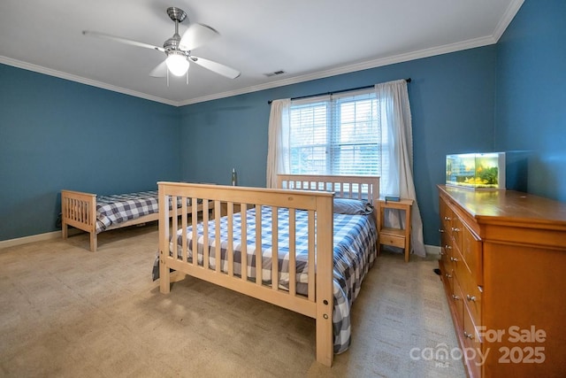 bedroom with light colored carpet, visible vents, crown molding, and baseboards