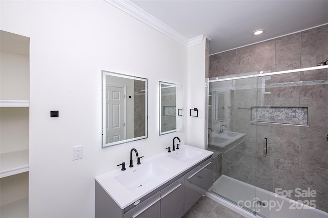 6534 Providence Rd, Charlotte, NC 28226 - bathroom with a sink, crown molding, double vanity, and a stall shower