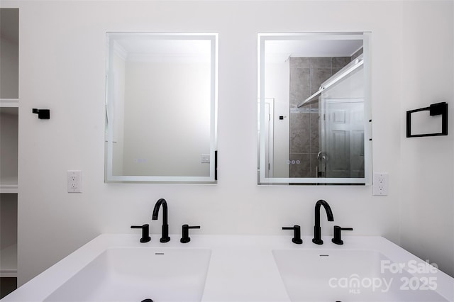 6534 Providence Rd, Charlotte, NC 28226 - bathroom featuring double vanity, a shower stall, and a sink