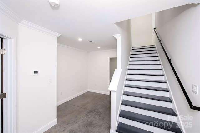 6534 Providence Rd, Charlotte, NC 28226 - staircase featuring concrete floors, visible vents, baseboards, ornamental molding, and recessed lighting