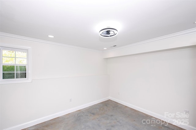 6534 Providence Rd, Charlotte, NC 28226 - spare room featuring concrete flooring, visible vents, recessed lighting, crown molding, and baseboards
