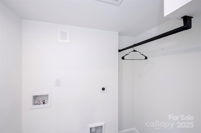 6534 Providence Rd, Charlotte, NC 28226 - clothes washing area featuring laundry area, visible vents, electric dryer hookup, washer hookup, and baseboards