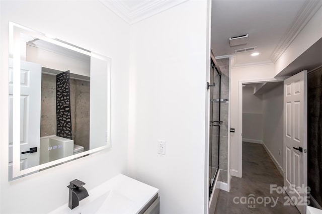 6534 Providence Rd, Charlotte, NC 28226 - bathroom featuring a sink, ornamental molding, a stall shower, and visible vents