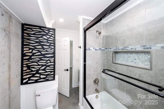 6534 Providence Rd, Charlotte, NC 28226 - bathroom featuring enclosed tub / shower combo, ornamental molding, toilet, and concrete flooring