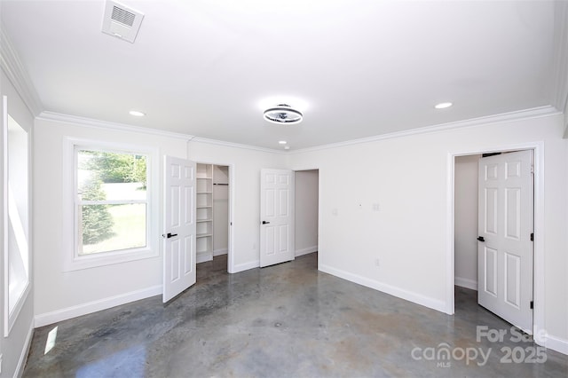 6534 Providence Rd, Charlotte, NC 28226 - unfurnished bedroom with crown molding, baseboards, visible vents, and concrete floors