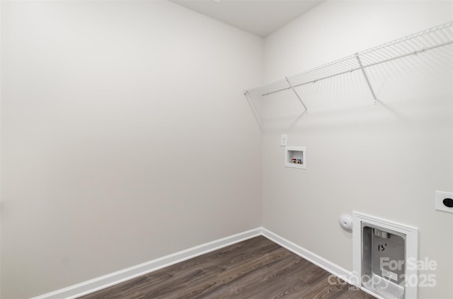 laundry room featuring gas dryer hookup, hookup for a washing machine, dark hardwood / wood-style floors, and hookup for an electric dryer