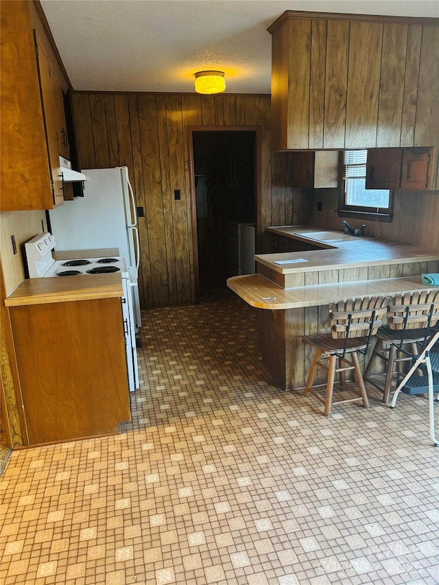 kitchen featuring electric range, a sink, wooden walls, range hood, and a breakfast bar