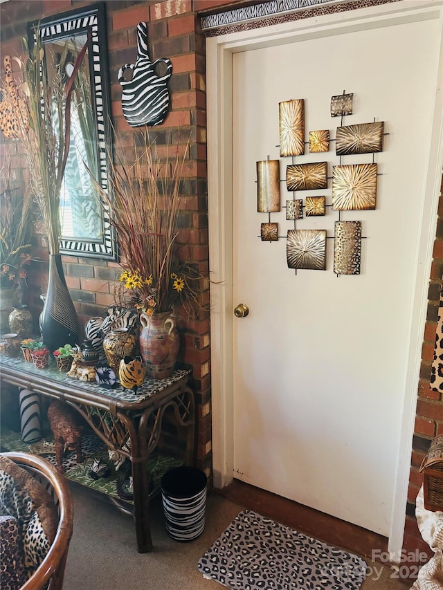 doorway to outside featuring carpet flooring