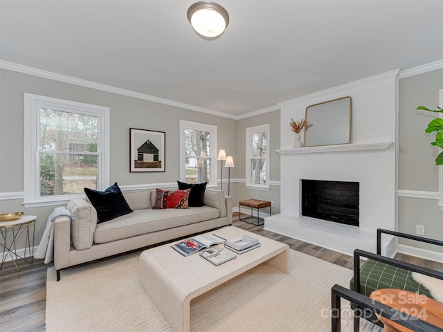 living room featuring a fireplace, hardwood / wood-style floors, and ornamental molding