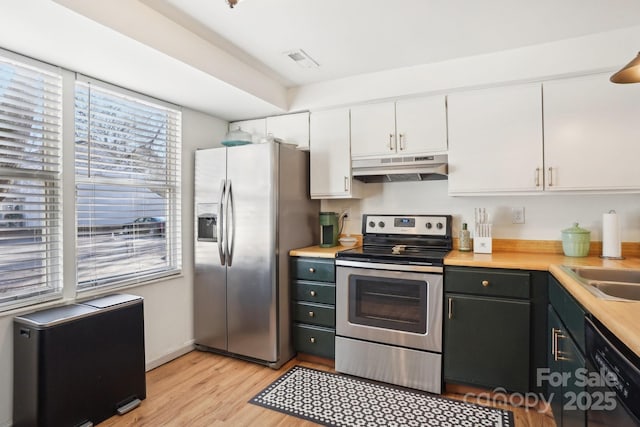 5300 Fair Wind Ln, Charlotte, NC 28212 - kitchen with light countertops, light wood-type flooring, under cabinet range hood, white cabinets, and appliances with stainless steel finishes