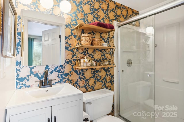 5300 Fair Wind Ln, Charlotte, NC 28212 - bathroom featuring a stall shower, wallpapered walls, toilet, and vanity